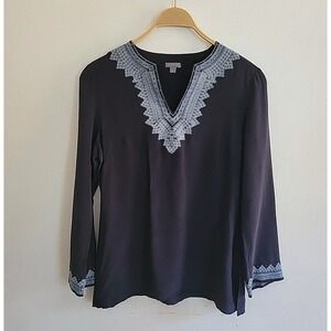 Ann Taylor Embroidered Silk Peasant Top Medium Navy-Blue Pullover Boho Chic